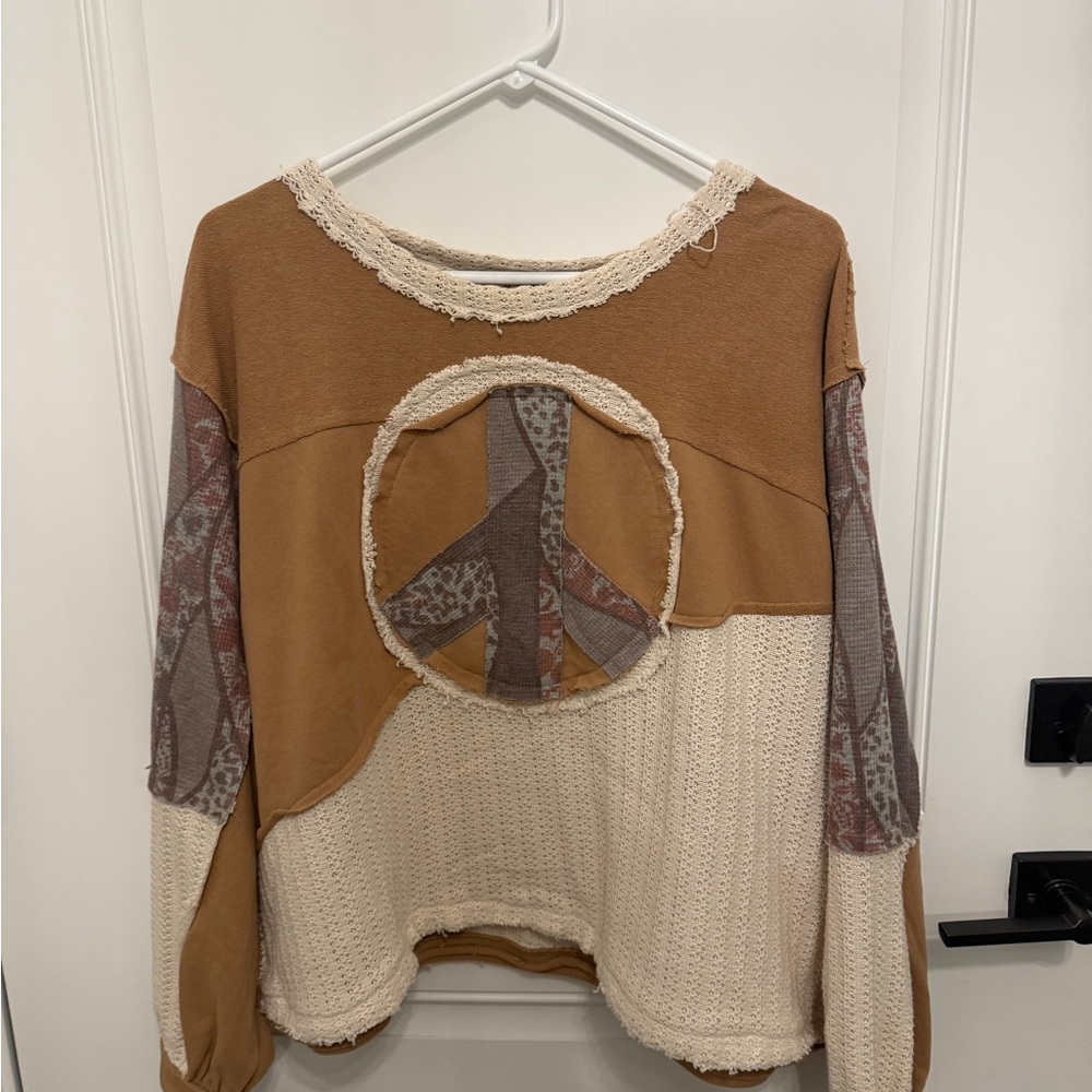 Three Bird Nest Patchwork Peace Sign Top- Brown and Cream